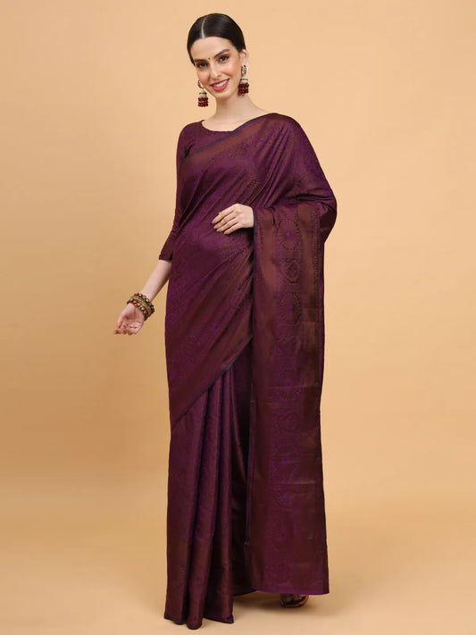 Dark Purple Padmavati Banarasi Silk Saree with Intricate Floral Motifs - Premium Handwoven