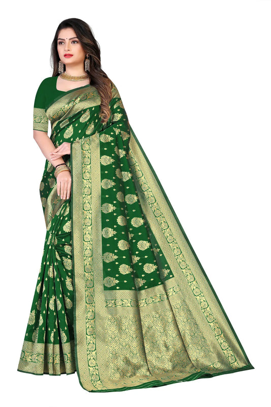 Green Rajsi Banarasi Silk Saree with Intricate Floral Motifs - Premium Handwoven