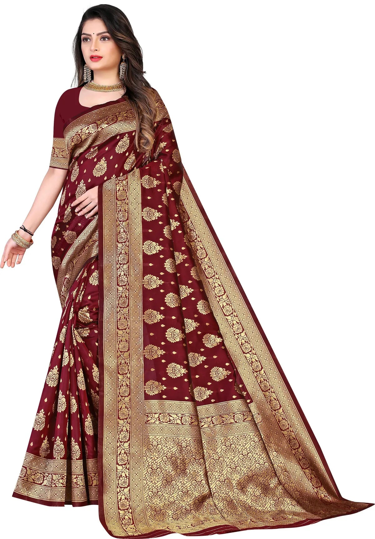 Maroon Gulnar Banarasi Silk Saree with Intricate Floral Motifs - Premium Handwoven