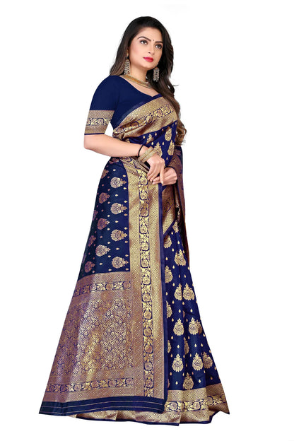 Blue Amara Banarasi Silk Saree with Intricate Floral Motifs - Premium Handwoven