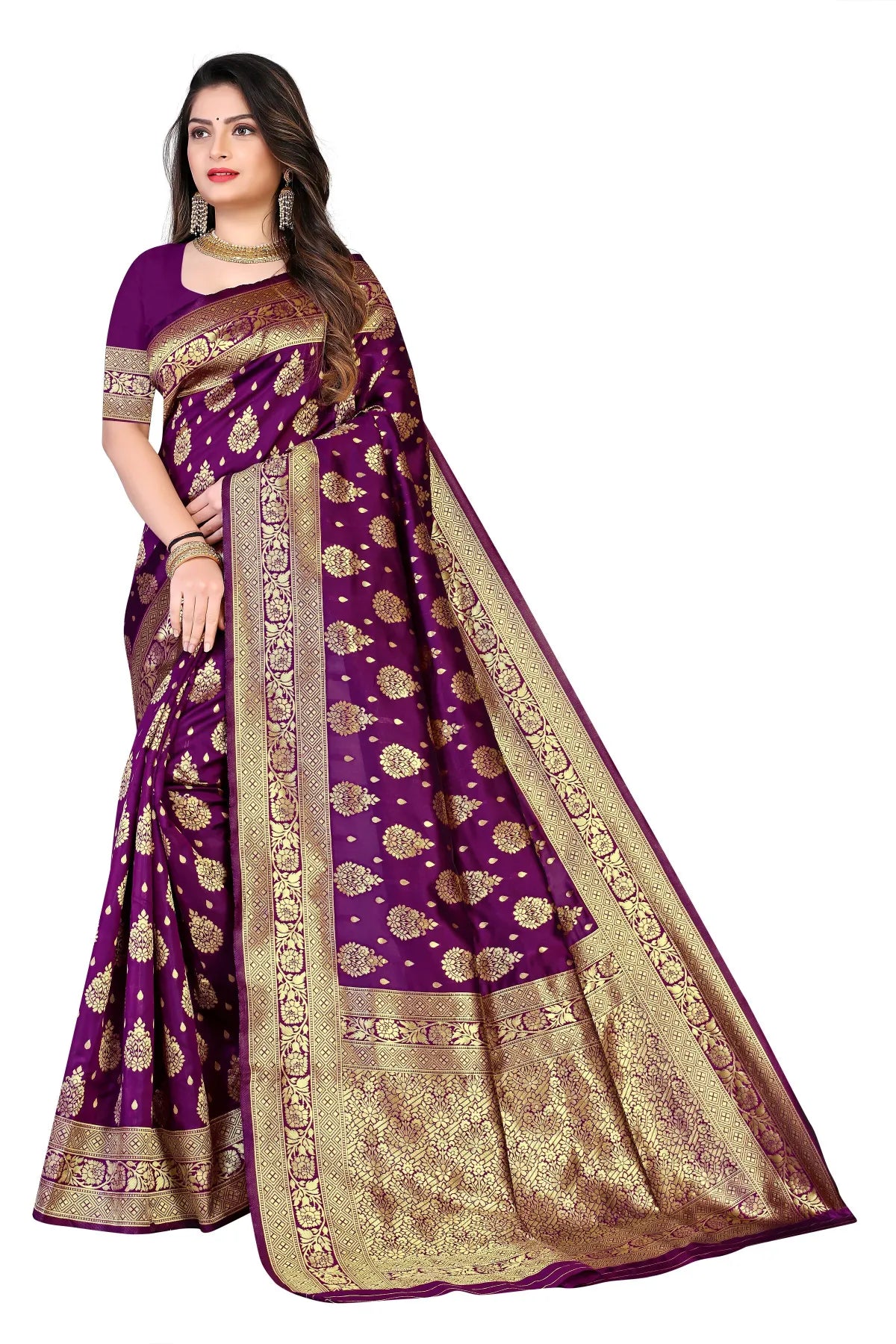Purple Swarna Banarasi Silk Saree with Golden Floral Motifs - Premium Handwoven