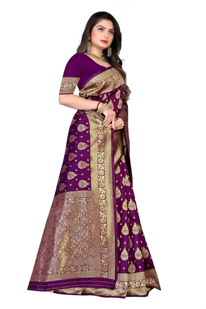 Purple Swarna Banarasi Silk Saree with Golden Floral Motifs - Premium Handwoven
