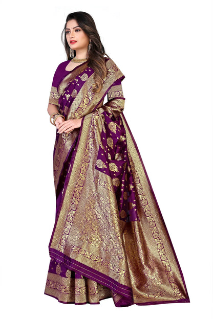 Purple Swarna Banarasi Silk Saree with Golden Floral Motifs - Premium Handwoven