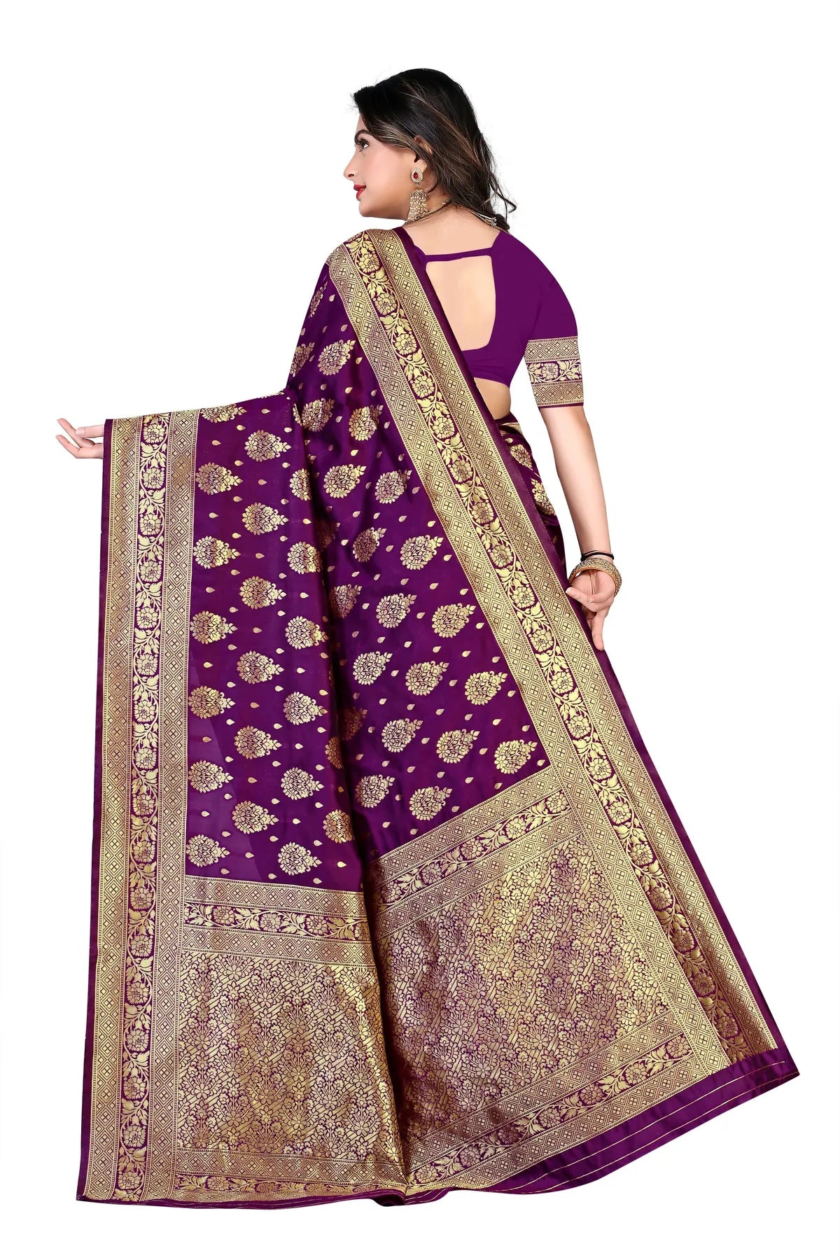 Purple Swarna Banarasi Silk Saree with Golden Floral Motifs - Premium Handwoven